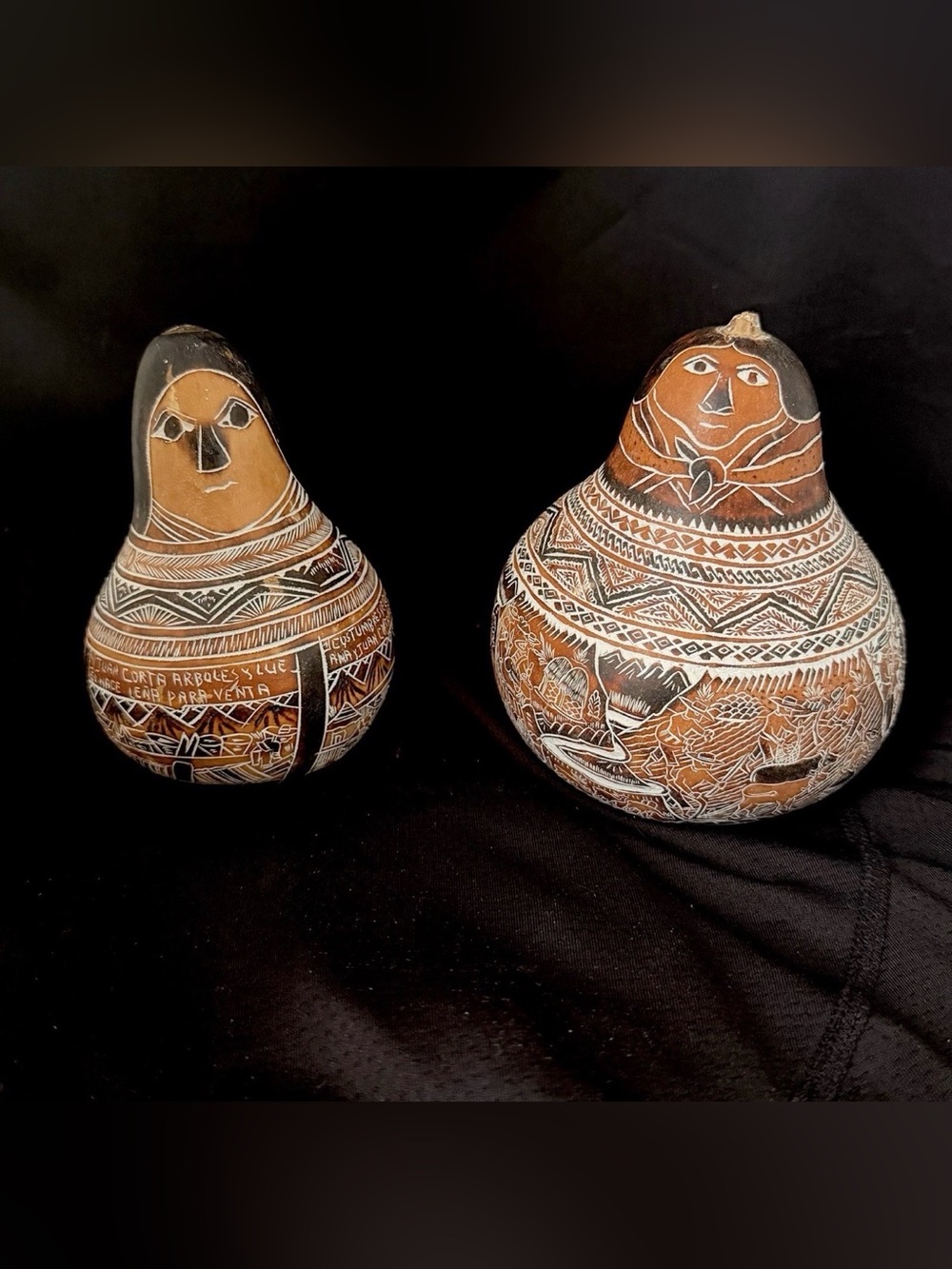 Set Of 2 Vintage Hand Carved Gourd Folk Art Rattles